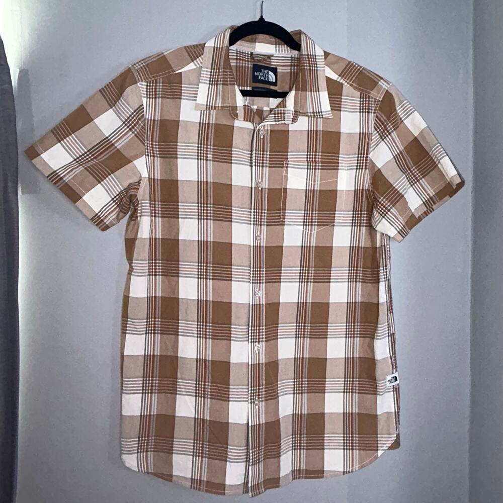 The North Face Mens Large Brown Plaid Short Sleeve Button Up Shirt Casual Hiking